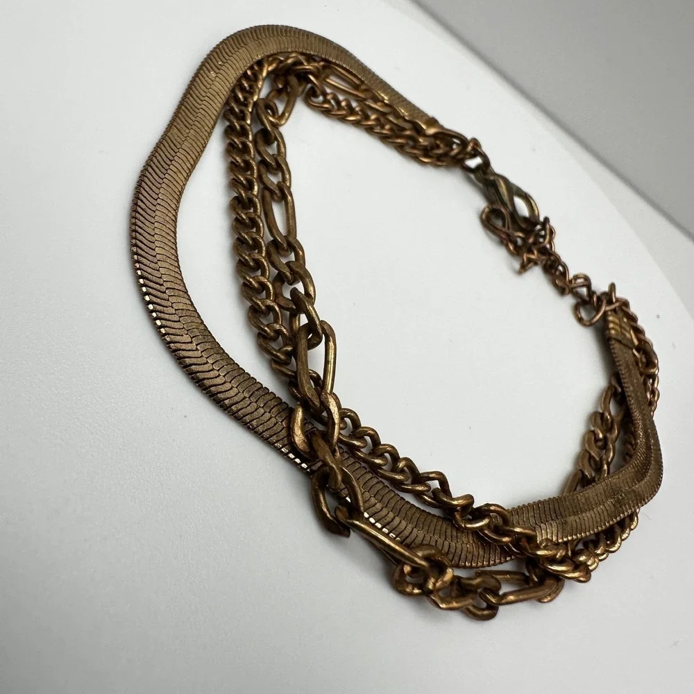 Bracelet Vintage Gold Tone Multi Strand Herringbone Snake Curb Figaro Chain